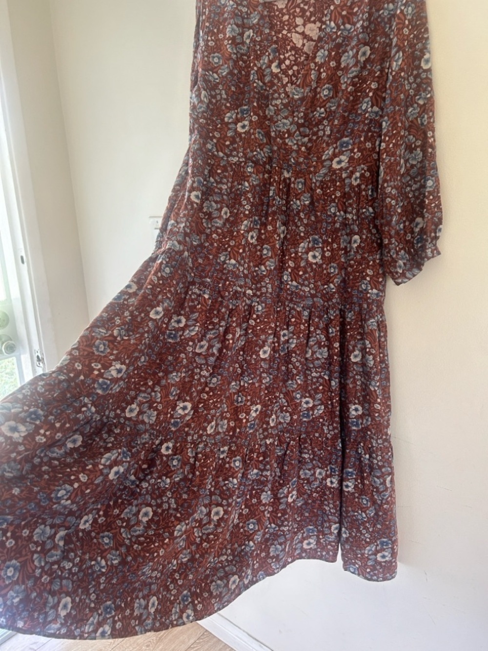 Madewell Brown Floral V-Neck Tiered Maxi Dress with Blue Accents - Picture 6 of 12